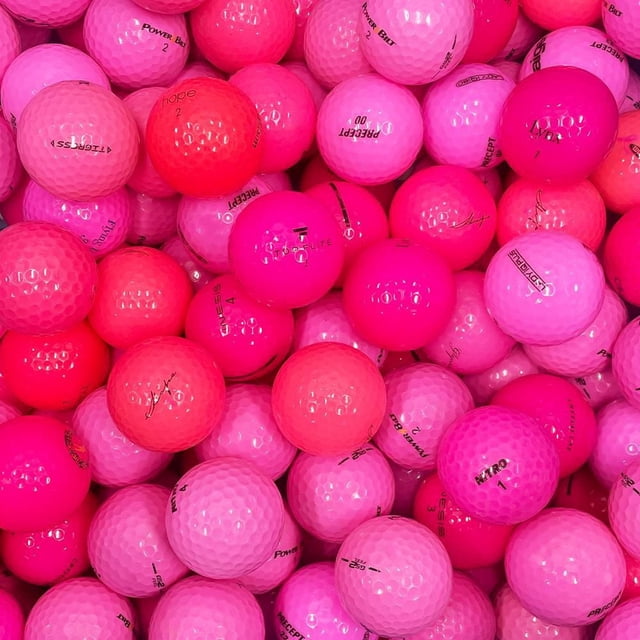 Mulligan - 72 Mix 5A/4A Recycled Used Golf Balls, Pink showing a close-up of assorted pink and magenta golf balls with visible brand markings and numbers, highlighting their eco-friendly recycled quality and mixed brands suitable for golfers of all skill levels, often used for practice sessions.