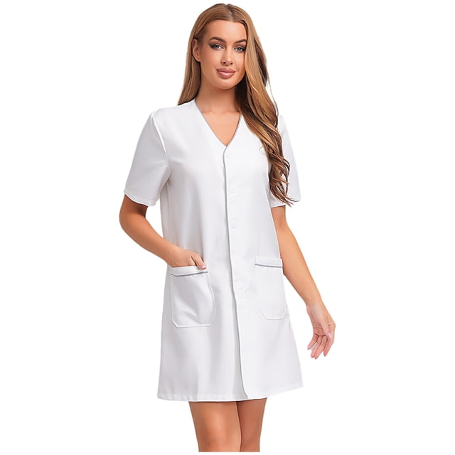Aislor Robe d'Uniforme d'Infirmière pour Femmes à Manches Courtes, Tenue de Travail Médicale avec Poches, Chemise Boutonnée, Uniforme de Sarrau, Blanc G