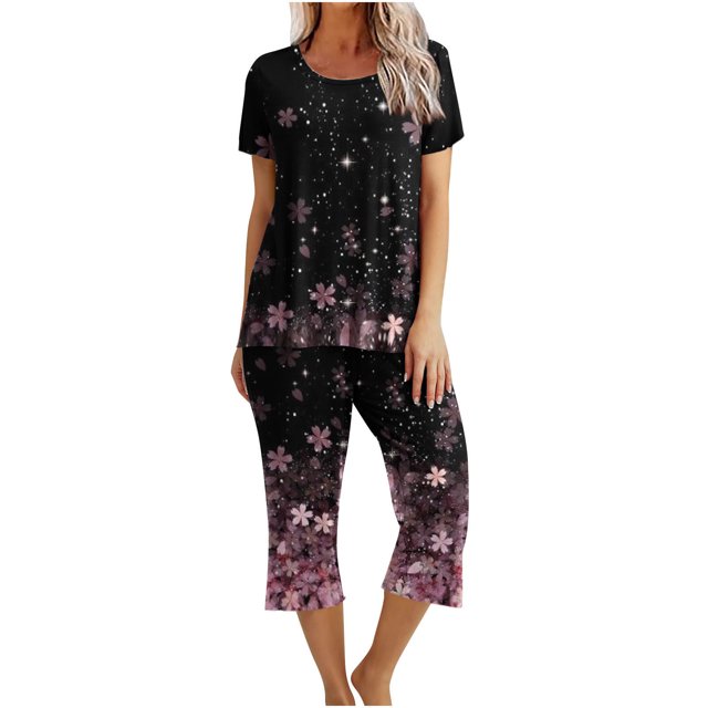 Mikilon Pyjama Décontracté pour Femmes, Ensemble de Sommeil, Imprimé Vintage, Manches Courtes, Pantalon Capri, 2 Pcs, Col Rond, Tenue de Détente Décontractée avec Poches, Ensemble 2 Pcs, Rose Vif, P