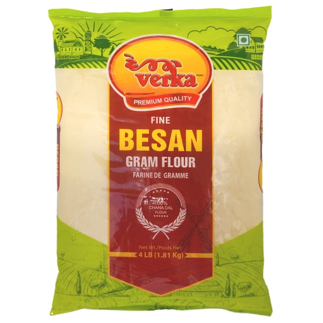 Verka Farine de Besan Fin 4 lb, Emballage Fait à Partir de chana dal 100 % Pur, avec un Motif Vert et Jaune et une Étiquette Rouge, Mettant en Valeur Sa Saveur Sans Gluten et de Noisette, Idéale pour les Collations et Sucreries Indiennes, Pesant 4 lb (1,81 kg).
