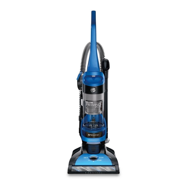 HOOVER Elite Rewind Plus Upright Vacuum in blue and black with clear dust cup, featuring WindTunnel technology, Multi-Cyclonic filtration, 25 ft. automatic cord rewind, and attached hose with pet turbo tool, front-facing on white background.