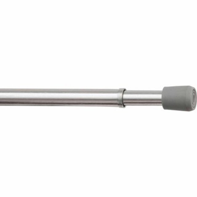 Mainstays 18-28" adjustable spring tension curtain rod with 7/16" diameter metal rod and grey rubber non-slip ends for tool-free installation inside window casings, ideal for lightweight curtains like sheers and valances, often used in dorms and apartments.