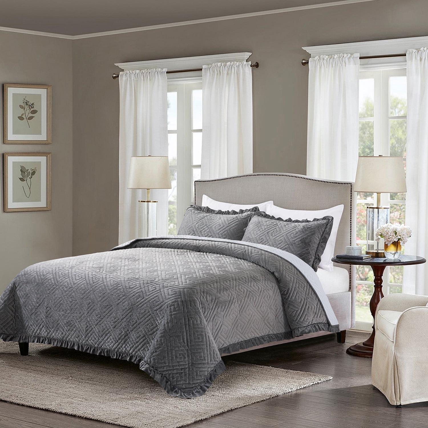 JML Velvet Quilt Set Twin Size 2 Pieces, Soft Velvet Diamond Pattern Bedspread Coverlet Quilted Bedding Set, with 1 Pillow Sham,Dark Gray