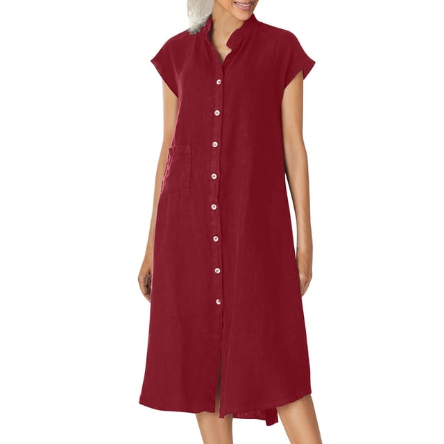 biudgviw Robe Femme en Coton et Lin à Col en V à Manches Courtes Boutonnée Robe Midi d'Été Décontractée avec Poche