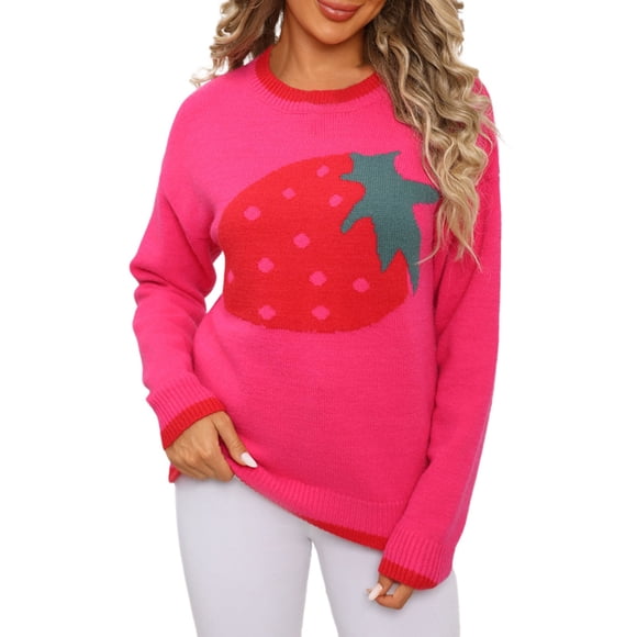 LUOGENLI Cardigan Sweaters for Women Women's Pullover Sweater Soft Knit Top Casual Strawberry Print Round Neck Comfortable Everyday Wear Cozy Winter Fall Fashion Hot Pink Size L