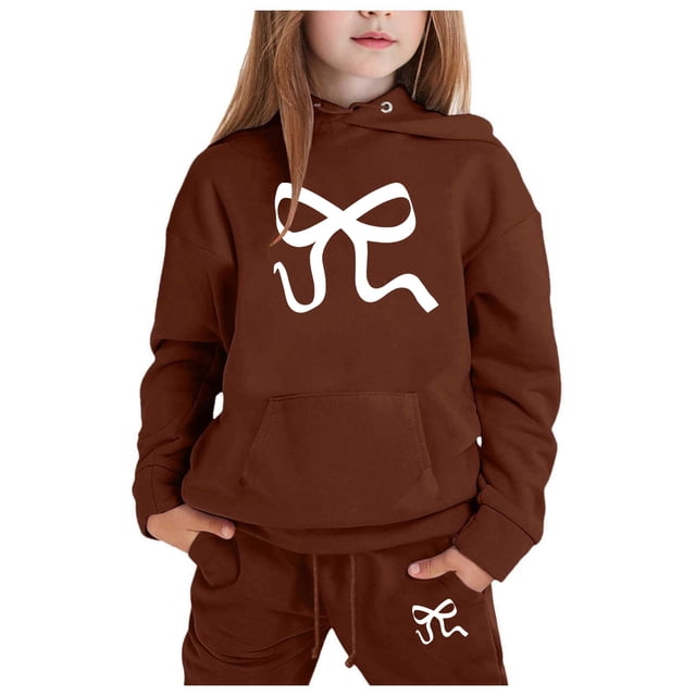 GDREDA Girls Sets 2 Piece Outfits Spring Children's Hoodie Set With Bow Print Coffee,3-4Years