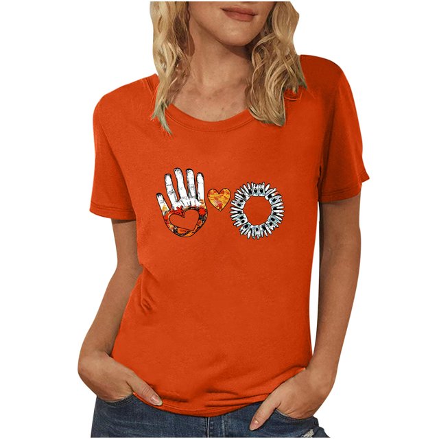 Dadaria Chemise Orange Femmes Hauts T-Shirt à Manches Courtes Col Ras du Cou Tee d'Été Empreintes de Mains Chandail Blouses L