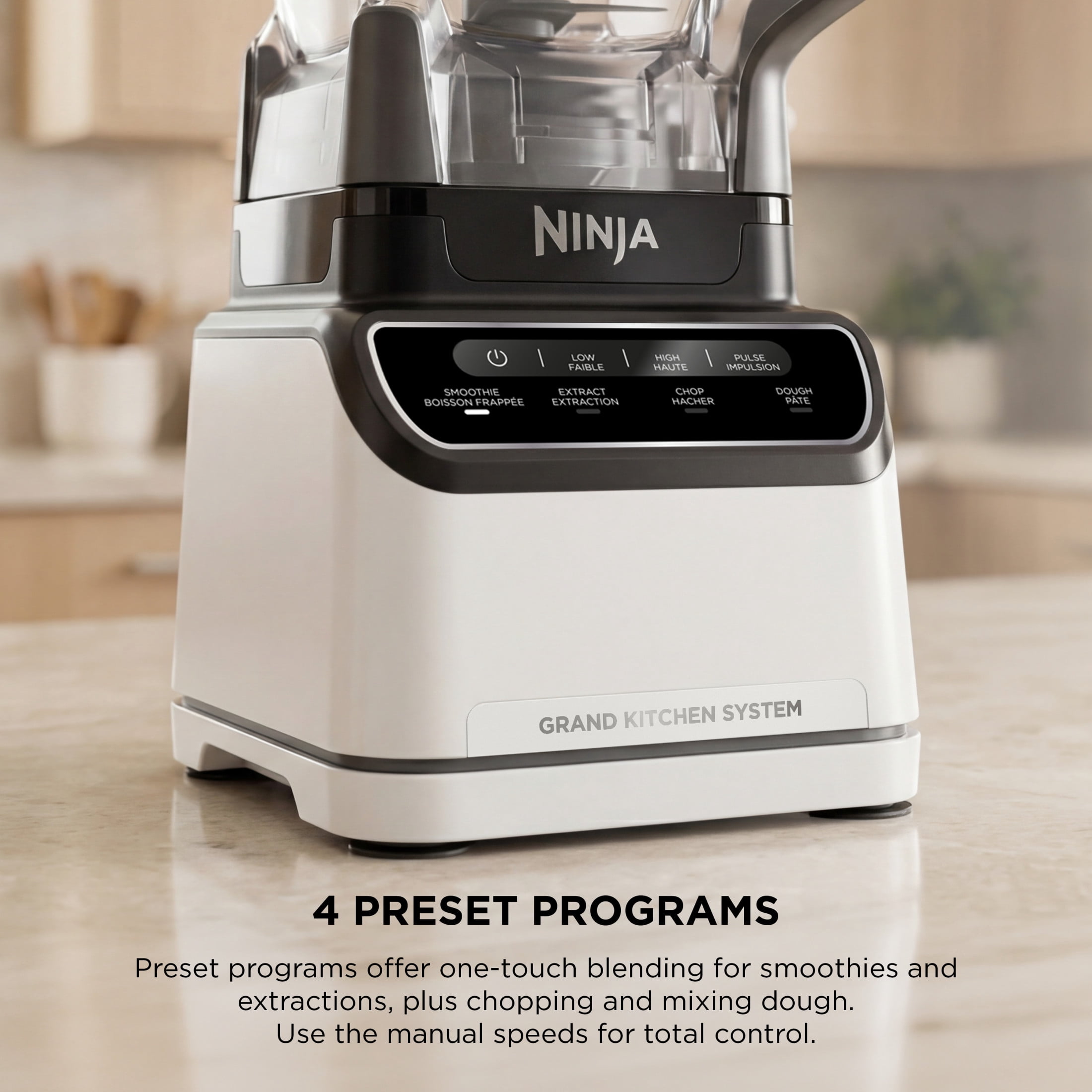 Système de cuisine Ninja Grand Mélangeur, Boisson frappée, Hachage, Pâte, 4 programmes préréglés, 3 vitesses, 1200 W, 72 oz (2,1 L), KS500C blanc