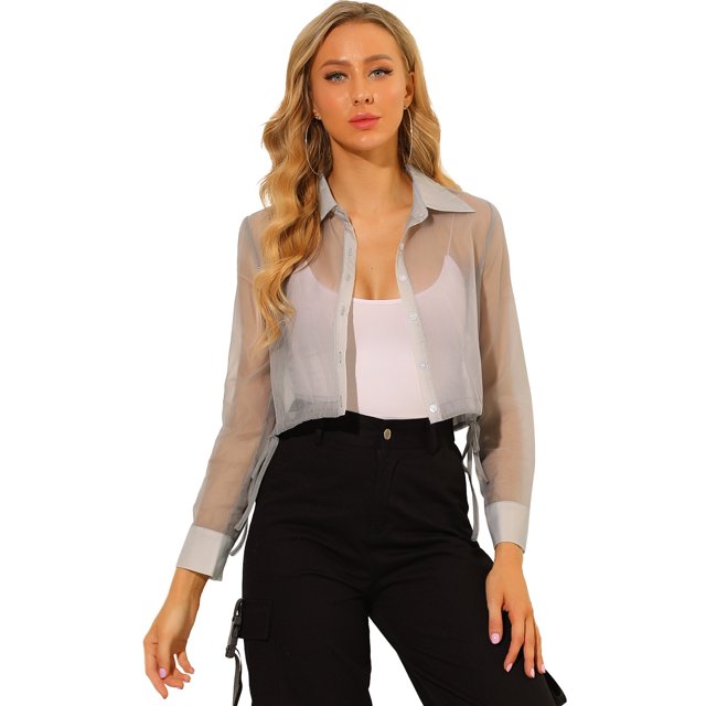 INSPIRE CHIC Chemisier à Manches Longues en Maille Transparente avec Boutons pour Femmes G Gris