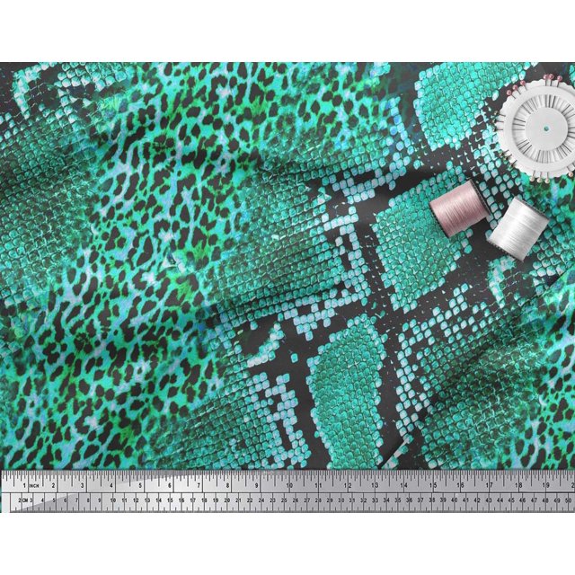 Soimoi Green polyester Crepe Fabric Leopard & Snake Animal Skin Printed Fabric 1 Yard 52 Inch Wide