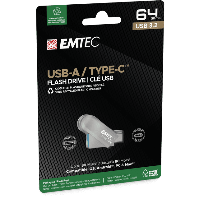 Emtec USB3.2 Type-C Dual D280 64GB USB flash drive packaging with black textured background, showing dual USB-A and Type-C connectors, 64GB storage, 100% recycled plastic housing, and compatibility for seamless data transfer across iOS, Android, PC, and Mac devices.
