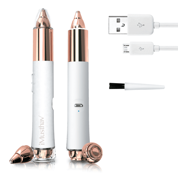 iMusthav Épilateur 2-en-1 pour Sourcils et Visage : Rasoir Électrique Indolore, Rechargeable par USB, Plaqué Or 18 Carats, DEL 360° pour les Sourcils et les Poils du Visage.
