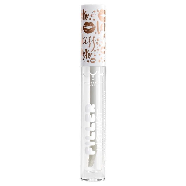 NYX Professional Makeup Filler Instinct Plumping Lip Polish, clear, 2.5 mL, in a transparent tube with a white cap decorated with rose gold lips and text, delivering a hydrating, sheer coverage lip gloss that smooths and plumps lips, ideal for wearing alone or layering over lipstick.