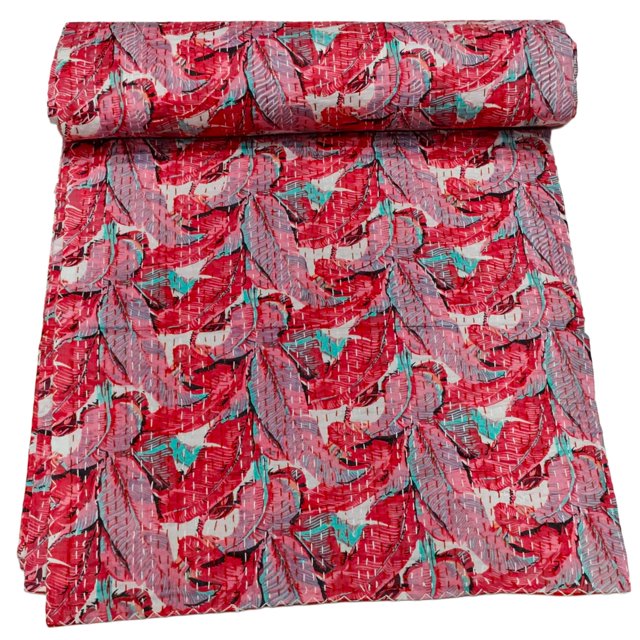 ColorFull House Indian Cotton Kantha Quilt, Red and Turquoise Leaf Pattern Design Kantha Gudri,Bedspread,Bedsheet,Throw Blanket Size( Double 90" x 108")