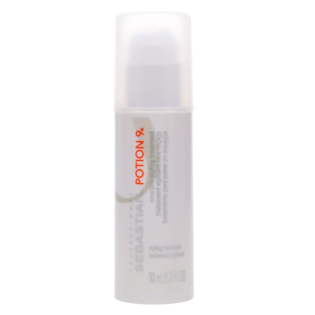 Sebastian Potion #9 1.7 oz styling treatment in a cylindrical bottle with a translucent cap. Designed for hair care, it features nine botanical extracts to moisturize, protect, and add shine. The formula offers flexible hold, allowing for reapplication and restyling throughout the day.