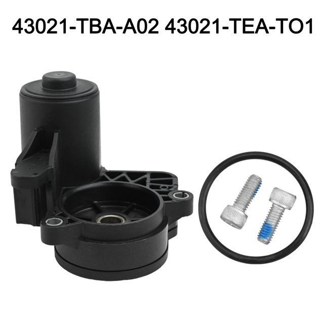 SPRING Rear Left Parking Brake Actuator for Honda Civic 2016-2021, part number 43021-TBA-A02, shown in black ABS material. Includes the actuator, two screws, and a sealing ring. Designed for replacement installation with anti-corrosion and wear-resistant properties.