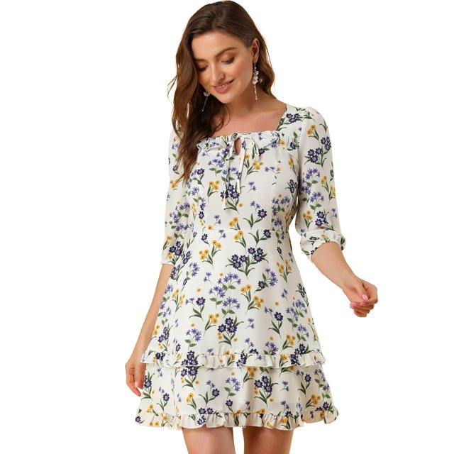 Unique Bargains Robe Courte à Étages pour Femme à Imprimé Floral, Col Noué, Manches 3/4