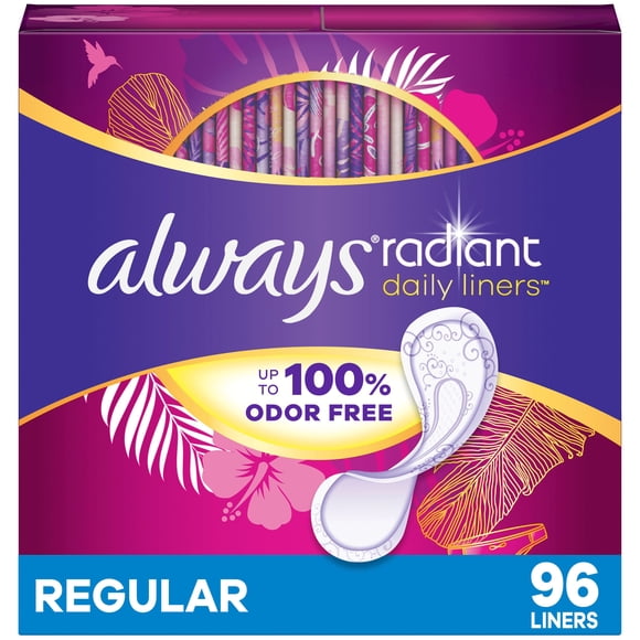 Always Radiant Daily Liners Light Absorbency, Regular Length, Up to 100% Odor Free and Fragrance Free, with Edge-2-Edge Adhesive 96 count