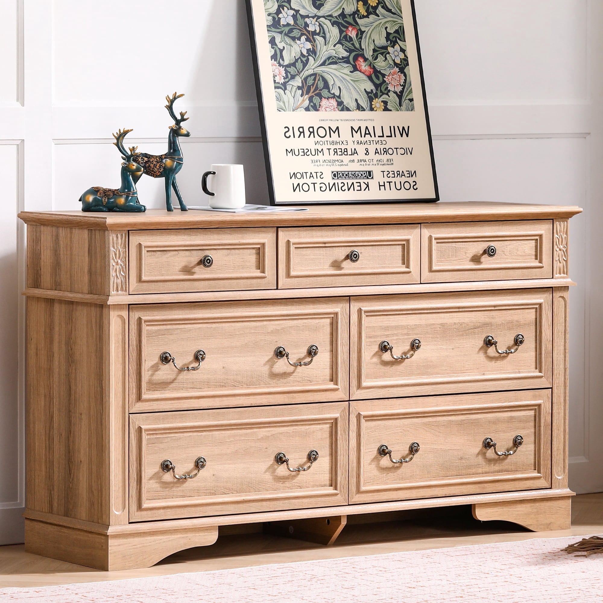 FIAKOA 7 Drawer Dresser for Bedroom, 55” W. Wood Farmhouse Tall