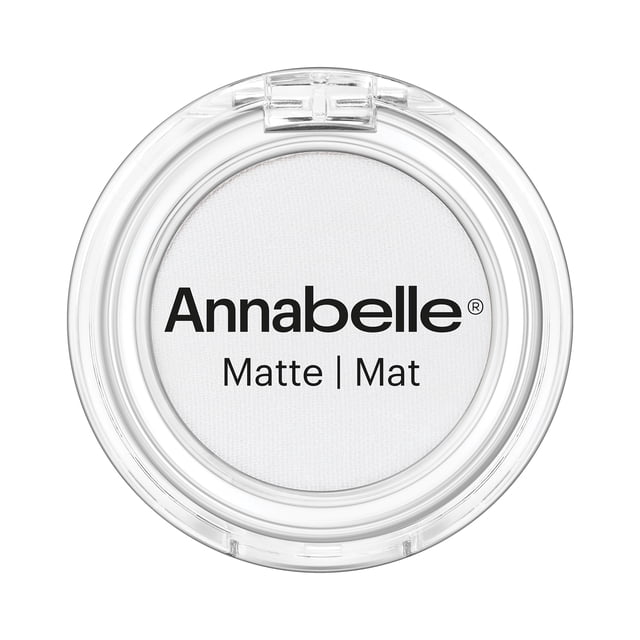 Annabelle Matte Single Eyeshadow Snowflake in a clear round compact with white velvety matte powder, highly pigmented and blendable for crease-free eye makeup, ideal for shading and layering with other eye shadows.