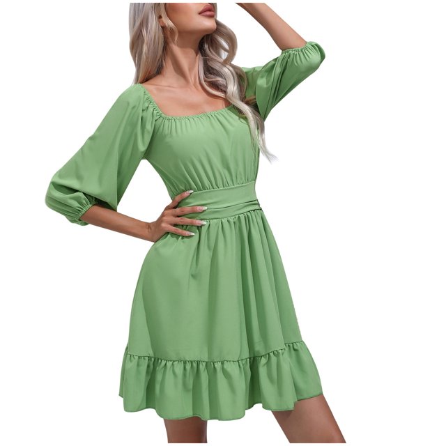 AherBiu Boho Dresses for Women 3/4 Sleeve Square Neck Ruched Ruffle Summer Beach Cute Mini Dress