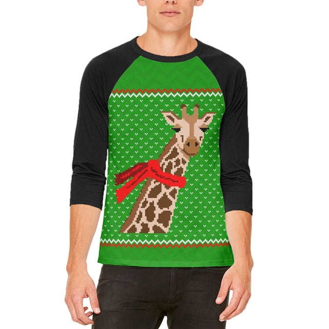 Ugly Christmas Sweater Big Giraffe Scarf Mens Raglan T Shirt