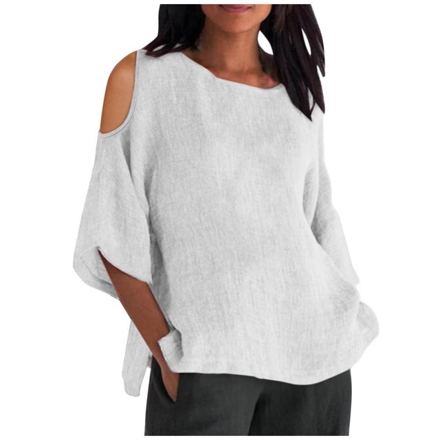 Liquidation! Hauts Grande Taille pour Femmes, Blouse à Manches Courtes d'Été pour Femmes, Mode Féminine Manches Courtes Col Rond Ample Épaules Dénudées Blouse