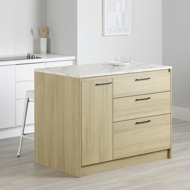 South Shore Myro Kitchen Island with Door and Drawers in faux white marble and blonde oak, featuring a water- and scratch-resistant melamine top, three slow-close reinforced drawers, and a door with adjustable shelf, designed with black metal handles and space for stools, suitable for extra kitchen seating and storage.