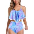 thumbnail image 1 of Women High Waisted Bikini Ruffle Swimsuit Flounce Pom Pom Trim Two Piece Bathing Suit Purple&blue (L, 1 of 8