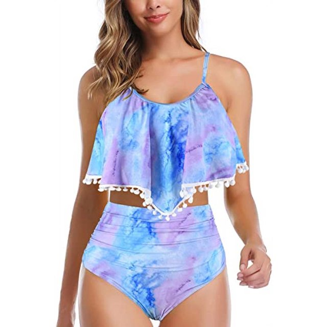 Women High Waisted Bikini Ruffle Swimsuit Flounce Pom Pom Trim Two Piece Bathing Suit Purple&blue (L