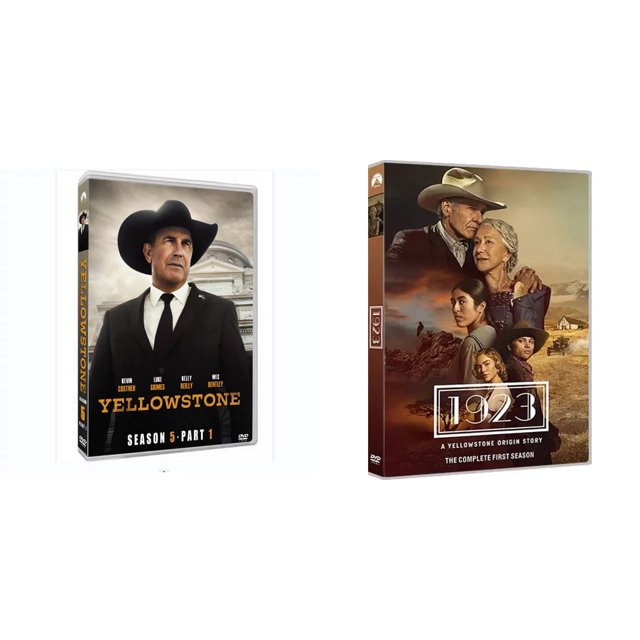 Yellowstone Season 5 Part 1 and 1923 Season 1 DVD set, showcasing two neo-Western drama series. Yellowstone cover features a man in a black suit and cowboy hat in front of a building, with cast names like Kevin Costner listed. 1923 cover highlights a Western landscape with characters in period attire, emphasizing themes of family, frontier life, and historical drama.
