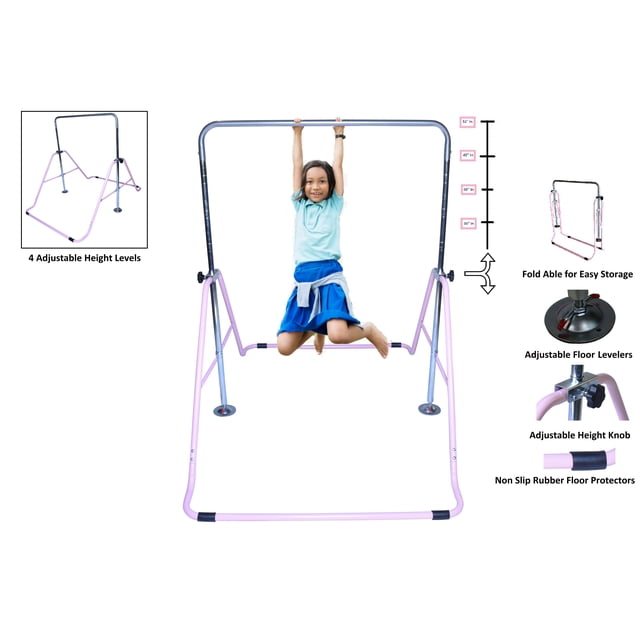 GymPro Barre de Gymnastique Junior Barre d'Entraînement Horizontale Rose, Conçue pour les Activités de Gymnastique pour Enfants comme la Suspension, le Balancement, l'Escalade et les Exercices de Barre kip. Dotée d'Un Cadre en Acier Robuste avec Fini Poudre Antirouille, Niveaux de Hauteur Ajustables (52 Po, 46 Po, 41 Po, 36 Po), et Conception Pliable pour un Rangement Facile. Comprend des Stabilisateurs de Plancher en Caoutchouc Antidérapants, des Niveleurs de Plancher Ajustables et Supporte jusqu'à 40 kg (90 Lb). Convient à une Utilisation Intérieure et