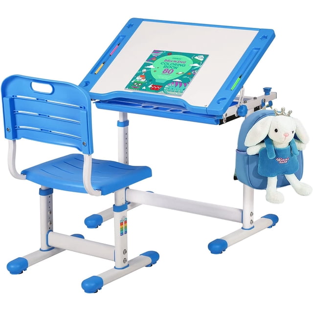 FDW Ensemble Bureau et Chaise pour Enfants Bureau d'Étude Scolaire pour Enfants Table à Hauteur Réglable en Bleu, Conçu pour les Besoins en Mobilier des Enfants. Comprend un Plateau Inclinable, Chaise Ergonomique avec Rainures de ventilation, Compartiments de Rangement et un Crochet Latéral pour Sacs. Fait de Panneau en MDF et d'Un Cadre en Acier pour la Stabilité, Idéal comme Bureau d'Étude.
