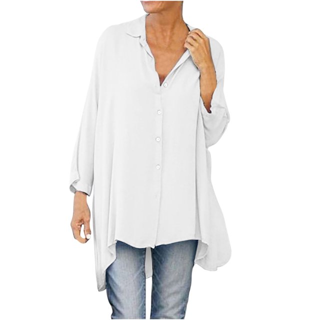 TIMIFIS Womens Oversized Shirts Button Down Long Sleeve Shirt V Neck Collar Loose Flowy Blouse-White-LFall s
