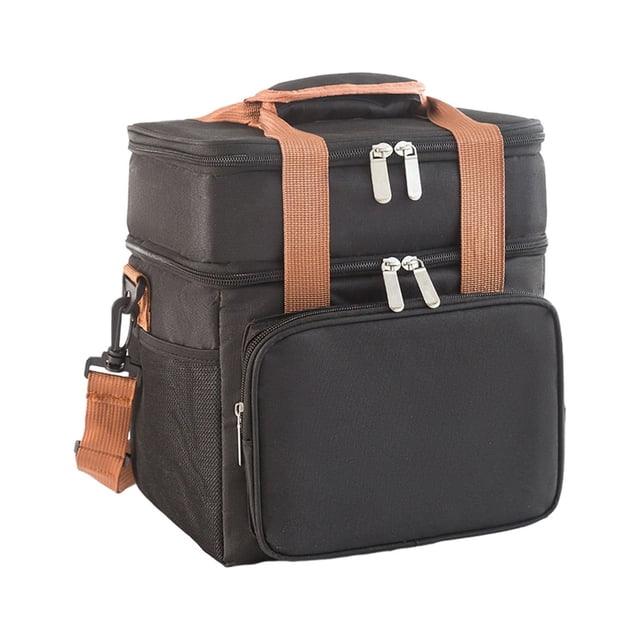 TopLLC Outdoor Picnic Insulation Bag Double Bento Bag in black, designed for outdoor use with a durable 300D Oxford cloth exterior and leak-proof aluminum foil interior. Features double-layer insulation for enhanced storage and freshness, two-way zippers, a removable shoulder strap, and a portable rope handle for easy carrying. Suitable for camping, picnics, and as an adult lunch bag or cooler. Dimensions: 11.02 x 10.23 x 7.08 inches.