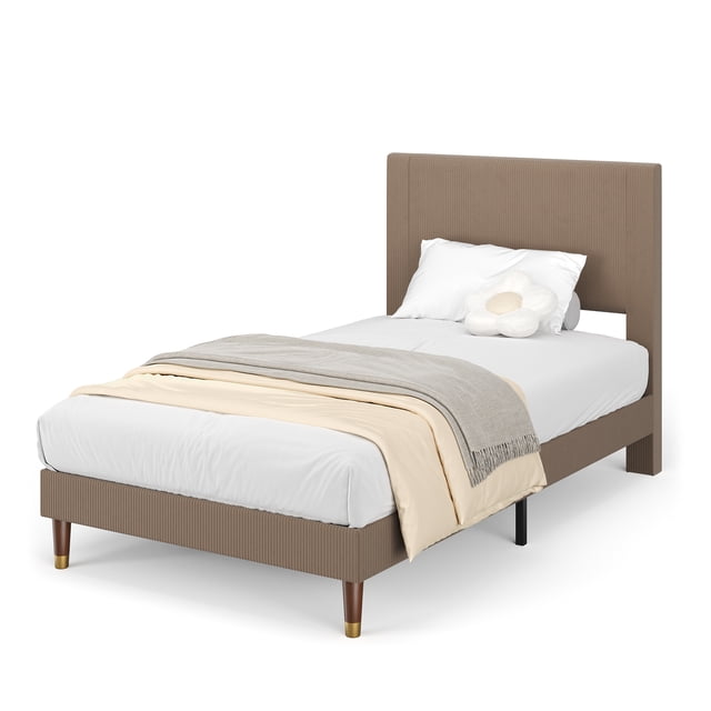 Modern Corduroy Upholstered Platform Bed Frame with Headboard – Sturdy Wooden Slats & Metal Support, Noise-Free, Easy Assembly – No Box Spring Required – Brown, TWIN Size