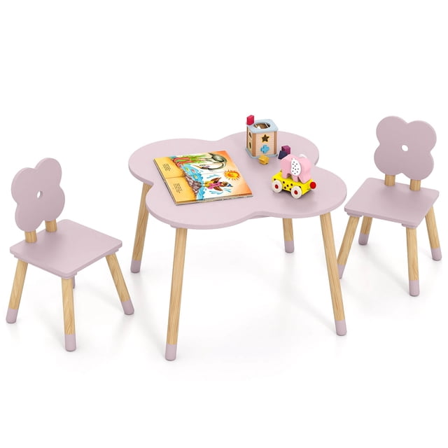Costway Ensemble de Table pour Enfants en Forme de Fleur avec 2 Chaises Format Enfant Pieds en Pin Massif Rose