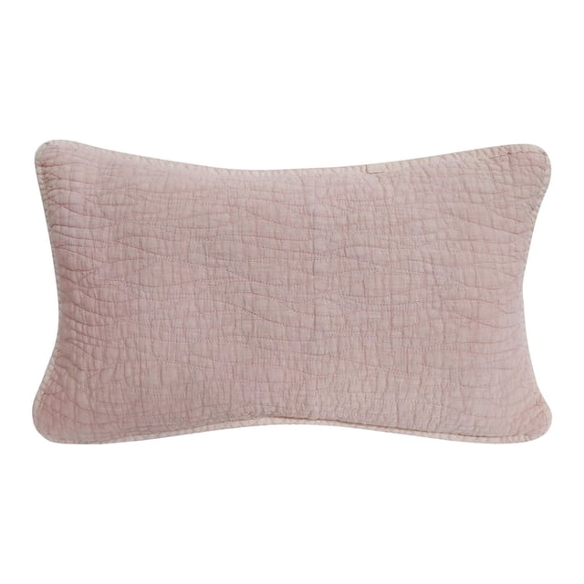 Gouchee Home Carson Rectangle Cushion in soft pink stone-washed 100% cotton with an intricate wave quilted pattern, rectangular with rounded corners, filled with polyester, featuring a zipper closure for removable, machine-washable shell, ideal for bedroom décor and suitable as lumbar support.
