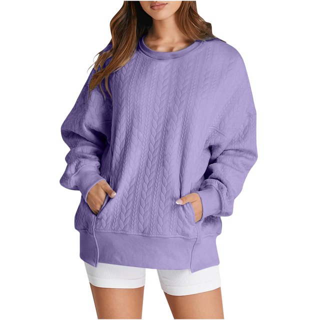 MeetoTime Women's Crewneck Sweatshirts Fall Long Sleeve Oversized Pullover Sweatshirts with Pockets