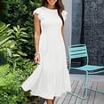 thumbnail image 4 of Tumotour Robes d'Été pour Femmes, Ligne A, Col Rond, Couleur Unie, Robe Décontractée à Volants, Longueur Thé, Manches Courtes, Robe Midi Évasée Fluide, Robes Bohèmes pour Sorties, Plage, Rendez-Vous, Vacances, 4 of 7