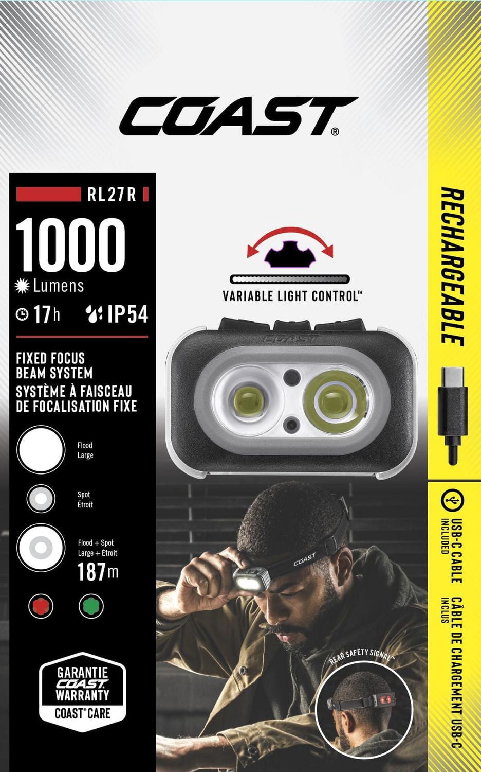 COAST RL27R Rechargeable Plus Rear Loading 1000 Lumens Tri-Color LED Headlamp