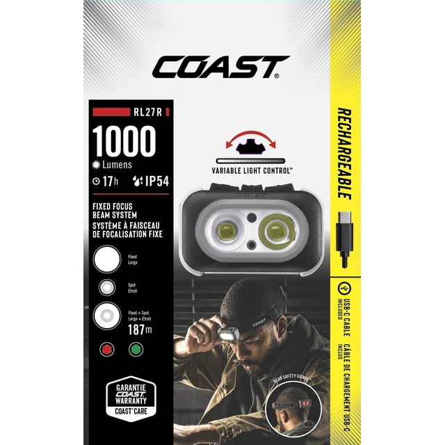 COAST RL27R Rechargeable Plus Rear Loading 1000 Lumens Tri-Color LED Headlamp packaging showing the headlamp with dual LED lenses and variable light control dial. Features include 1000 lumens brightness, 17-hour runtime, IP54 water and dust resistance, fixed focus beam system with flood and spot modes reaching 187 meters, rear safety signal with red and green LEDs, and USB-C charging cable included. The packaging also depicts a person wearing the headlamp with the rear safety light visible.