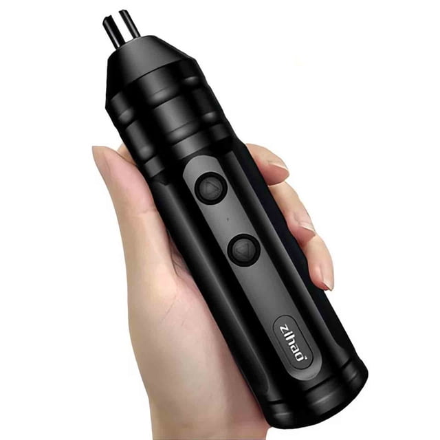 Electric Screwdriver- Rechargeable Small Household Automatic Electric Screwdriver, Multi-function Screwdriver Set Tools. A compact black cordless electric screwdriver with a brushed motor, featuring forward and reverse buttons on its body. It is lightweight, portable, and designed for small household tasks. The screwdriver includes a built-in rechargeable lithium battery with Type-C charging compatibility and an LED work light for enhanced visibility in low-light conditions.