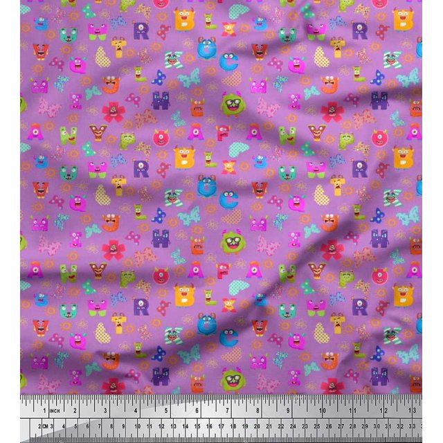 Soimoi Purple Cotton Duck Fabric Insect,Sun & Cartoon Alphabets Text Printed Fabric 1 Yard 42 Inch Wide