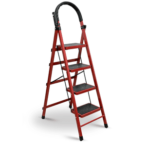 Joie-Ciel 4 Step Ladder, Steel Frame Folding Step Stool with Handrail, Anti-Slip Wide Pedals, Space-Saving Foldable Design, Red