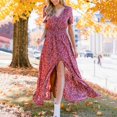 thumbnail image 2 of Robe Femme à Imprimé Floral à Col en V Vêtements Robe Courte Aguichant à Manches à Col en V Robe Maxi, Rose Foncé, TG, 2 of 7