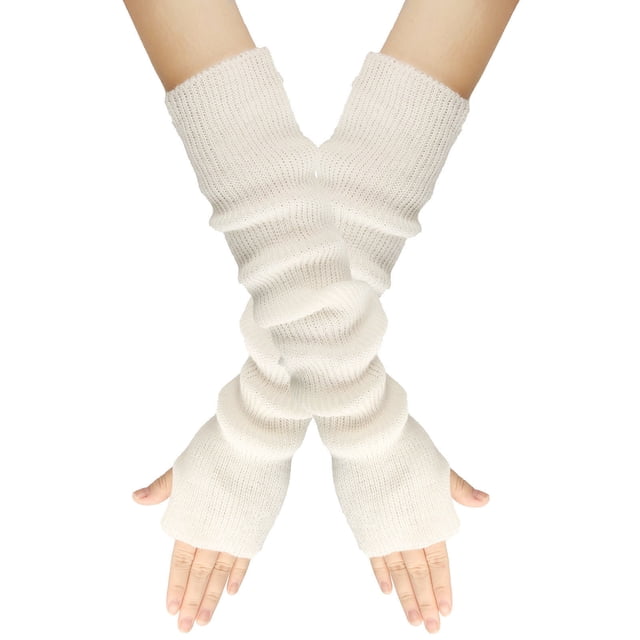 Mitaines Longues Sans Doigts pour Femmes, Chauffe-Bras d'Hiver en Tricot Uni, au design Tricoté Blanc Uni. les Gants Sont Longs, Mesurent 47 cm de Longueur, et Offrent un style Sans Doigts avec un Ajustement Serré au Poignet. Convenant au Port Décontracté et Offrant de la Chaleur pendant les Saisons Plus Froides.