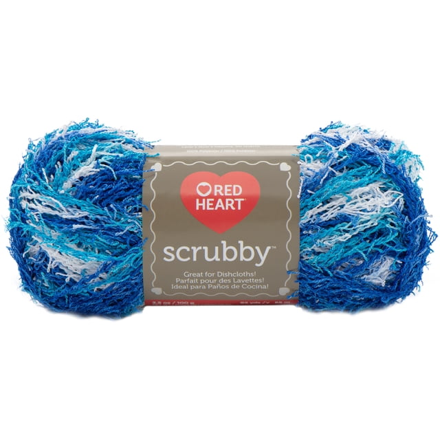 Red Heart® Scrubby™ Yarn, 100% polyester #4 medium weight, 3.5oz/100g, 92 yards, multicolored blue and white textured yarn ball designed for knit or crochet dishcloths and washcloths that dry quickly and exfoliate, suitable for cleaning kitchenware.