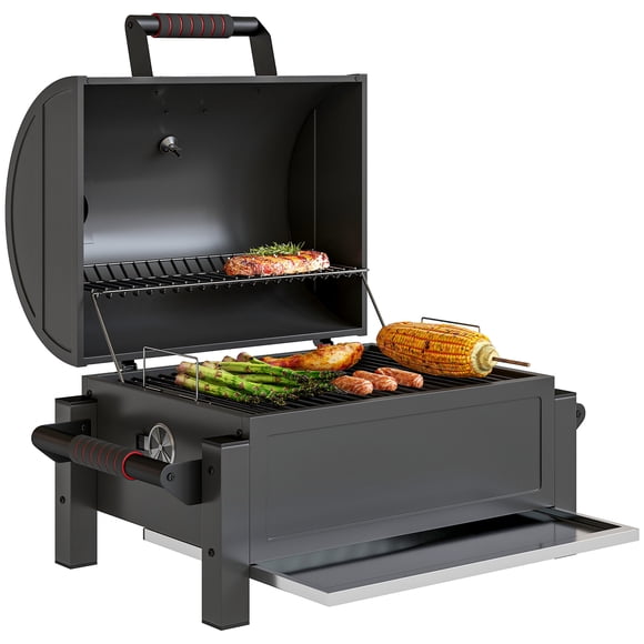 Outsunny Fumoir à Charbon de Table avec Couvercle, Petit Barbecue, Noir