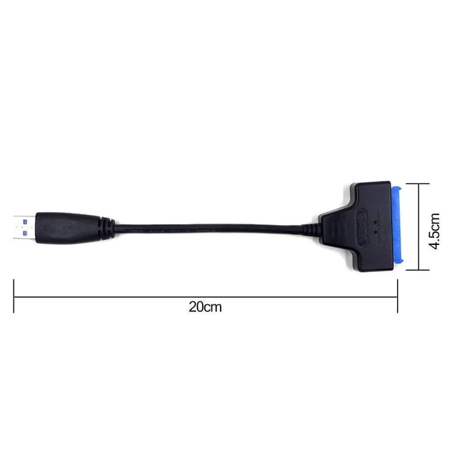USB 3.0 to SATA adapter cable for 2.5-inch SSD and HDD drives, featuring a black 20cm cable with a SATA III connector on one end and a USB 3.0 connector on the other. Designed for high-speed data transfer up to 5Gbps, it is compatible with SATA I, II, and III drives and supports various operating systems, including Windows Vista, 7, 8, 10, and OS 8.4. The compact and lightweight design makes it portable and easy to use.